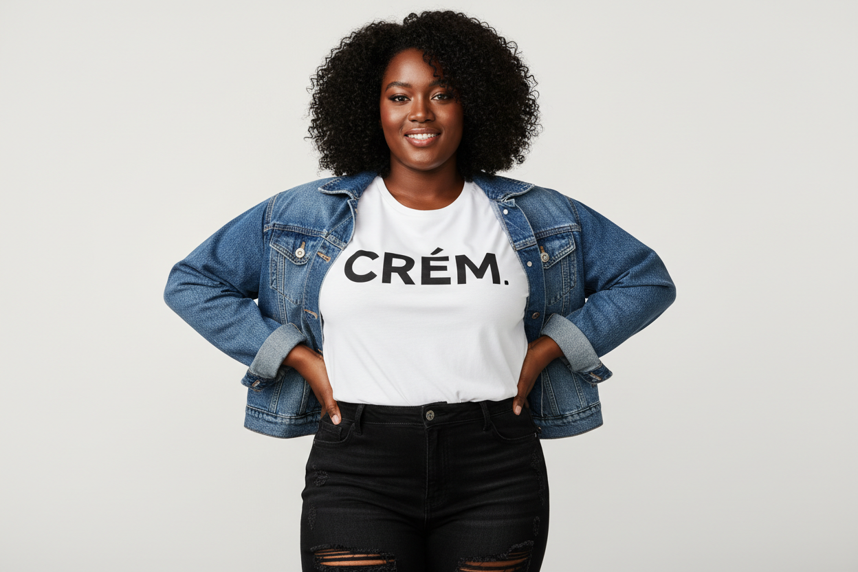 black plus size woman in t shirt that says crem denim jacket and black distressed denim